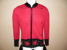 Ugly Xmas Sweater Holly Leaves Poinsetta Crystals Red Black Zipper VTG  - £11.86 GBP