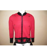 Ugly Xmas Sweater Holly Leaves Poinsetta Crystals Red Black Zipper VTG - $20.28 CAD