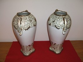 Antique Pair of Gold Decorative Encrusted Gilded Beaded Trim Design Urn Vases - £170.14 GBP