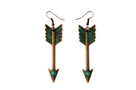 Boho Arrow Earrings, Dangly Turquoise Earrings, Verdigris Patina, Antique Copper - £10.22 GBP