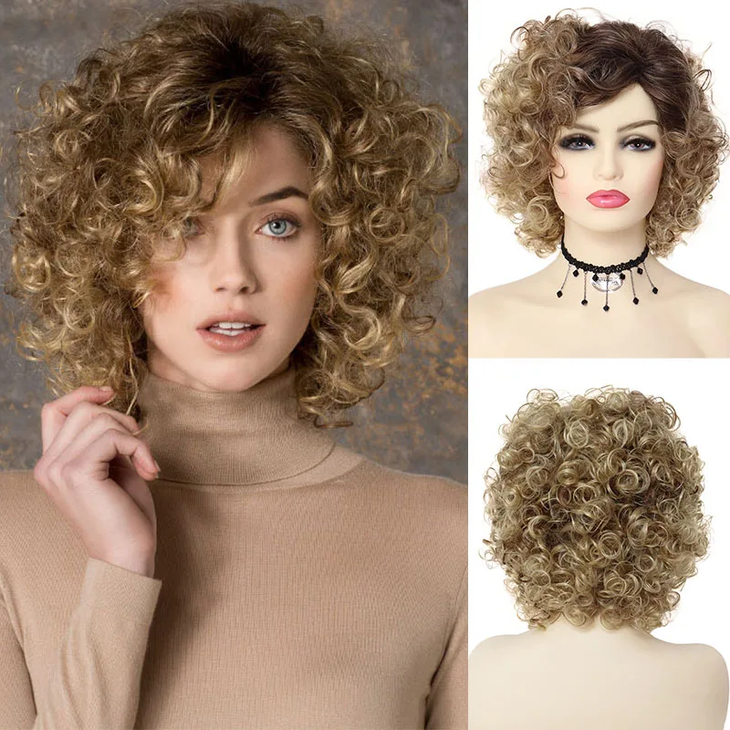 GNIMEGIL Synthetic Omber Brown Short Pixie Cut Curly Wig for Women Wig with - £21.98 GBP