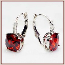 Ruby Red Gemstone Prong Set 18k White Gold with Crystals Drop Pierced Earrings  - $93.95