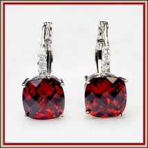 Ruby Red Gemstone Prong Set 18k White Gold with Crystals Drop Pierced Earrings  image 2