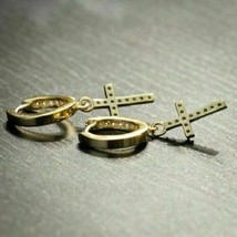 Men&#39;s 2.00 Ct Round Diamond Cross Drop Dangle Hoop Earrings 14K Yellow Gold Fn - £64.35 GBP