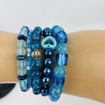 Blue Silver Tone Crystal Frost Floral Stack Bracelets  Mermaid Beads Handmade  - £23.97 GBP