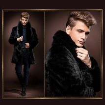 Mens Luxury Imitation Thick Black Mink Lg Lapel Collar Faux Fur Long Trench Coat