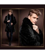 Mens Luxury Imitation Thick Black Mink Lg Lapel Collar Faux Fur Long Tre... - £191.76 GBP