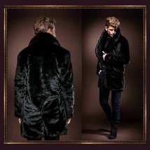 Mens Luxury Imitation Thick Black Mink Lg Lapel Collar Faux Fur Long Trench Coat image 2