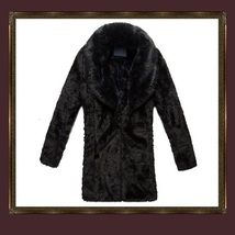 Mens Luxury Imitation Thick Black Mink Lg Lapel Collar Faux Fur Long Trench Coat image 3