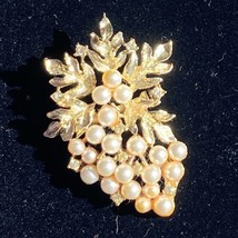 Large Grapes Leaf Pin Rhinestone and Faux Pearls Brooch Stunning Vintage... - $49.95