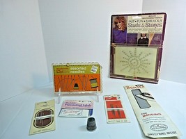 Tulip Iron-On Rhinestones and Studs, sewing needles lot, thimble and labels - $12.38