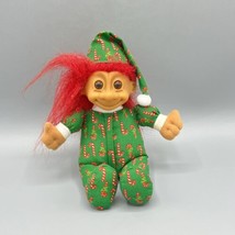 Christmas 6&quot; Elf Troll Doll Russ Berrie Green Candy Cane Pajamas Red Hai... - $9.89