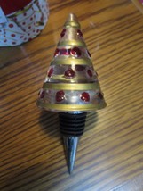 GLASS WINE BOTTLE STOPPER NIB CHRISTMAS TREE SHAPE RED DOTS  [a*4] - £19.78 GBP