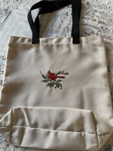  Tote Bag Cardinal Bird Machine Embroidered Books Groceries 13&quot; sq. Black Straps - £15.23 GBP