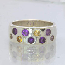 Purple Amethyst Yellow Citrine 925 Silver Unisex Ring Size 6.75 Band Design 92 - £55.65 GBP