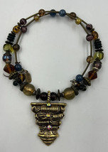 Vintage Treska Glass Bead Dangle Brass Choker Necklace Signed Boho Artsy Adjust - £15.27 GBP