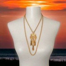 Crown Trifari Necklace GREEK KEY Pendant Tassels Vintage Multi Strand Go... - $98.99