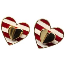 Double Heart Shaped Red White Gold Tone Stud Earrings Fun Whimsical Love Fashion - £10.13 GBP