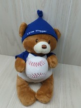 Baby Gund Brown Teddy Bear Little Slugger Baseball Plush White Blue hat rattle - £4.69 GBP