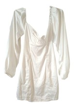 White silk long puff sleeve mini dress zipper up M - £102.22 GBP