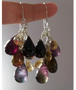 Natural Tourmaline and Citrine Gemstones Silver Earrings, Large Gemstone... - $130.00