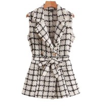Women&#39;s Black/White Plaid Frayed Edge Tweed Double Breasted Vest Size 6 - £18.81 GBP
