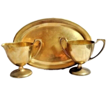 Vintage Dirilyte Dirigold Goldenware Creamer Sugar Bowl Plate Set Brass Finish - £31.23 GBP