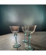 Vintage Art Deco Style Aqua Twisted Stem Coupe Glasses Set of 3 Clear Co... - $38.78