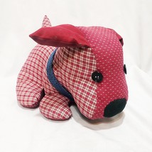 Red Plaid Puppy Dog Doorstop  Stuffed Animal Plush 6&quot; Handmade - £28.02 GBP