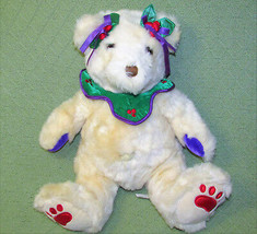 CALTOY HOLLY BERRY TEDDY BEAR Cream Plush Stuffed Furry Green Collar BOW... - $15.75