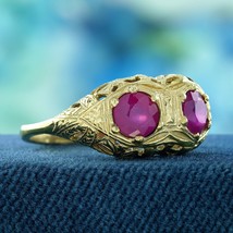 Solid 9K Yellow Gold Natural Double Ruby Art Deco Style Filigree Ring - £617.80 GBP