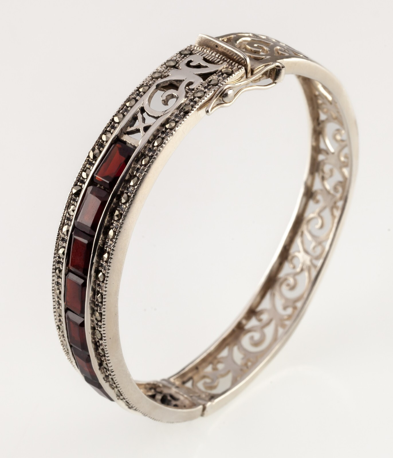 Sterling Silver Thai Bangle with Bezel Set Garnets and Marcasite Accents Item image 6