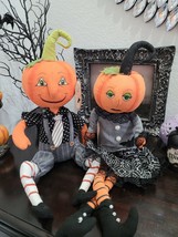 Halloween Primitive Vintage Style Pumpkin Head Boy Girl Doll Shelf Sitter Decor - £80.36 GBP