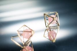 Pyramid Earrings /  Everyday jewelry /  Rose Quartz earring / Yellow gold + Pink - $364.00