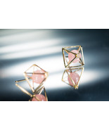 Pyramid Earrings /  Everyday jewelry /  Rose Quartz earring / Yellow gold + Pink - $364.00