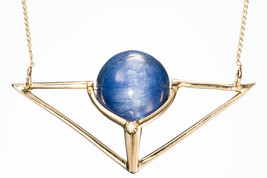 Geometric Pendant in 14k Gold with Kyanite &amp; Diamond. Blue gem pyramid necklace - £361.19 GBP