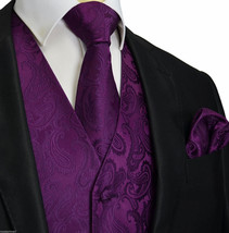 Deep Dark Purple Paisley Tuxedo Suit Dress Vest Waistcoat &amp; Neck tie Han... - £20.13 GBP+