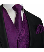 Deep Dark Purple Paisley Tuxedo Suit Dress Vest Waistcoat &amp; Neck tie Han... - £20.12 GBP+