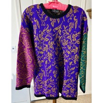 Colorful Vintage Carole Little Holiday Sweater With Metallic Design - £23.73 GBP