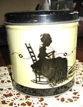 Tin-String/Yarn Holder/ Lady Knitting with Cat-1940&#39;s - £14.43 GBP
