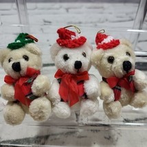 Vintage Miniature Teddy Bear Christmas Ornaments Plaid Vests Knit Hats Lot Of 3  - £9.34 GBP