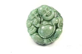 Hand carved natural green jade laughing buddha zen buddha pendant - $55.44
