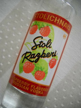 * Stolichnaya Russian Razberi Raspberry Vodka Shot Glass Red White Label - $4.90