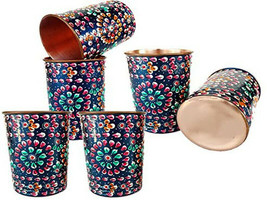 Pure Copper Glass Hand Painting Art work Outer Side Meena Work Set Of 6 - £29.88 GBP