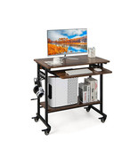 Rolling Laptop Table with Pull-out Keyboard Tray and Hooks-Rustic Brown ... - $147.99