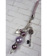 Heart Glass Pearl Rhinestone Handmade Cell Phone Charm Lanyard Strap Pur... - $14.84