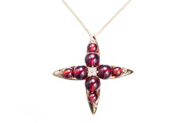 Tiny Cross Necklace / pendant  in 14K yellow gold, Garnet &amp; Diamond. Dainty chic - £374.80 GBP