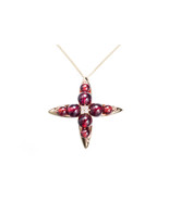 Tiny Cross Necklace / pendant  in 14K yellow gold, Garnet &amp; Diamond. Dai... - $663.18 CAD