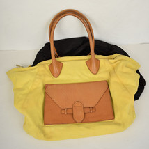 Pour La Victoire Handbag Large Tote Yellow Canvas Tan Leather Purse - £36.97 GBP