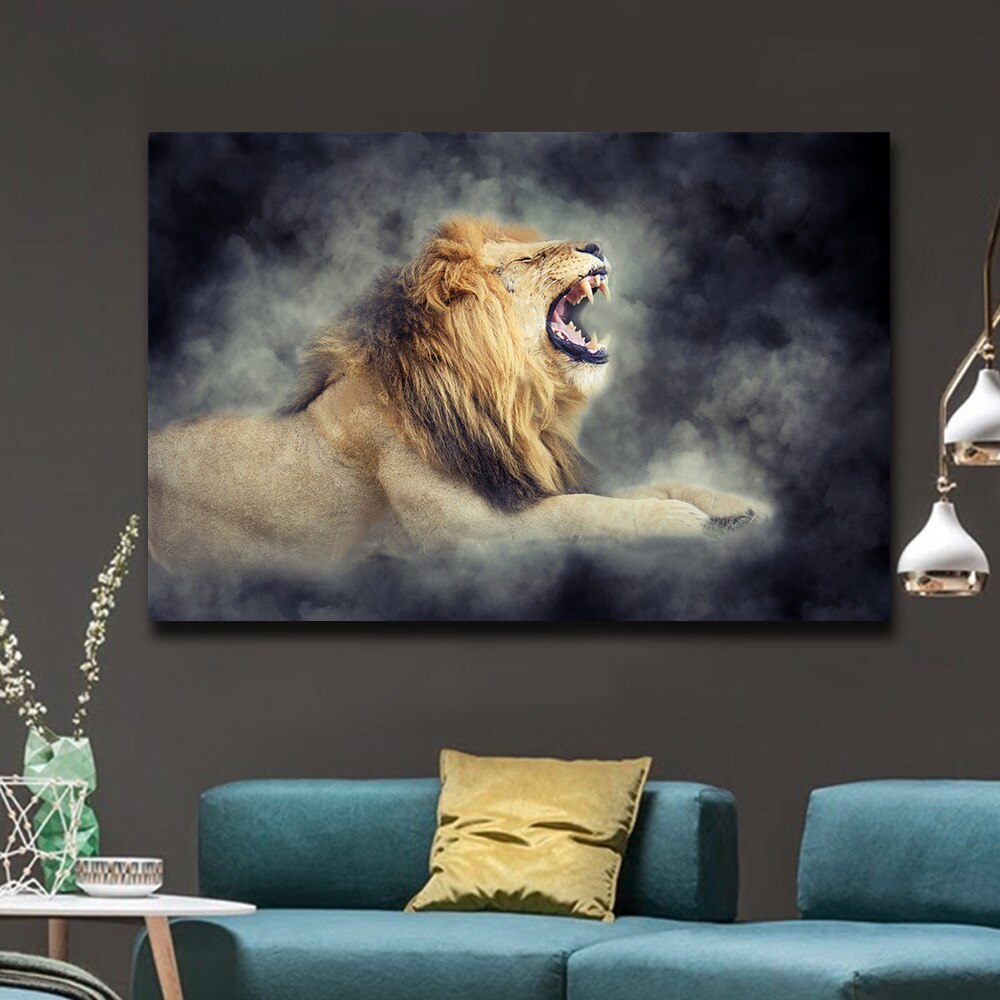 Male Lion In Smoke Cool Wall Art Living Room FRAME AVAILABLE HQ Canvas Print Item image 4
